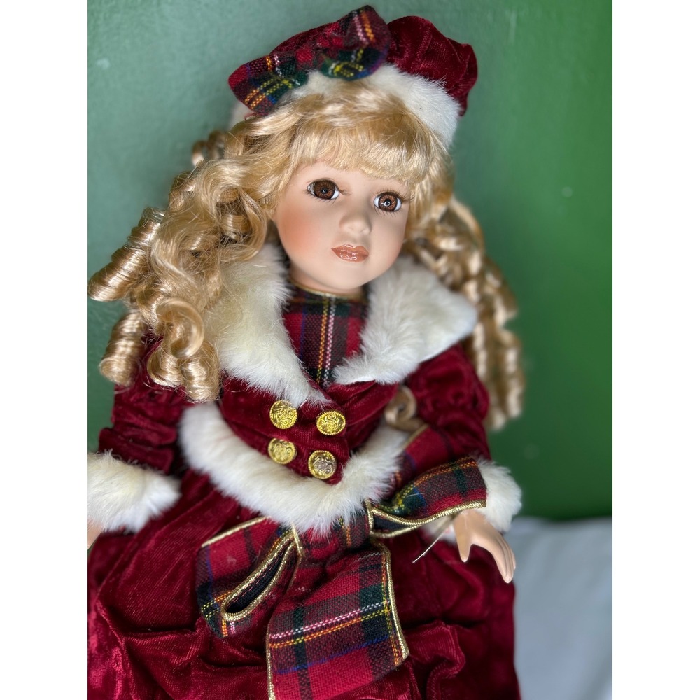 Vintage Porcelain Holiday Doll Burgundy Velvet Plaid Dress Faux Fur Trim Blonde - Picture 1 of 7